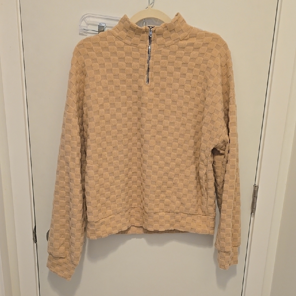 Tan Checkered Quarter-Zip Sweater